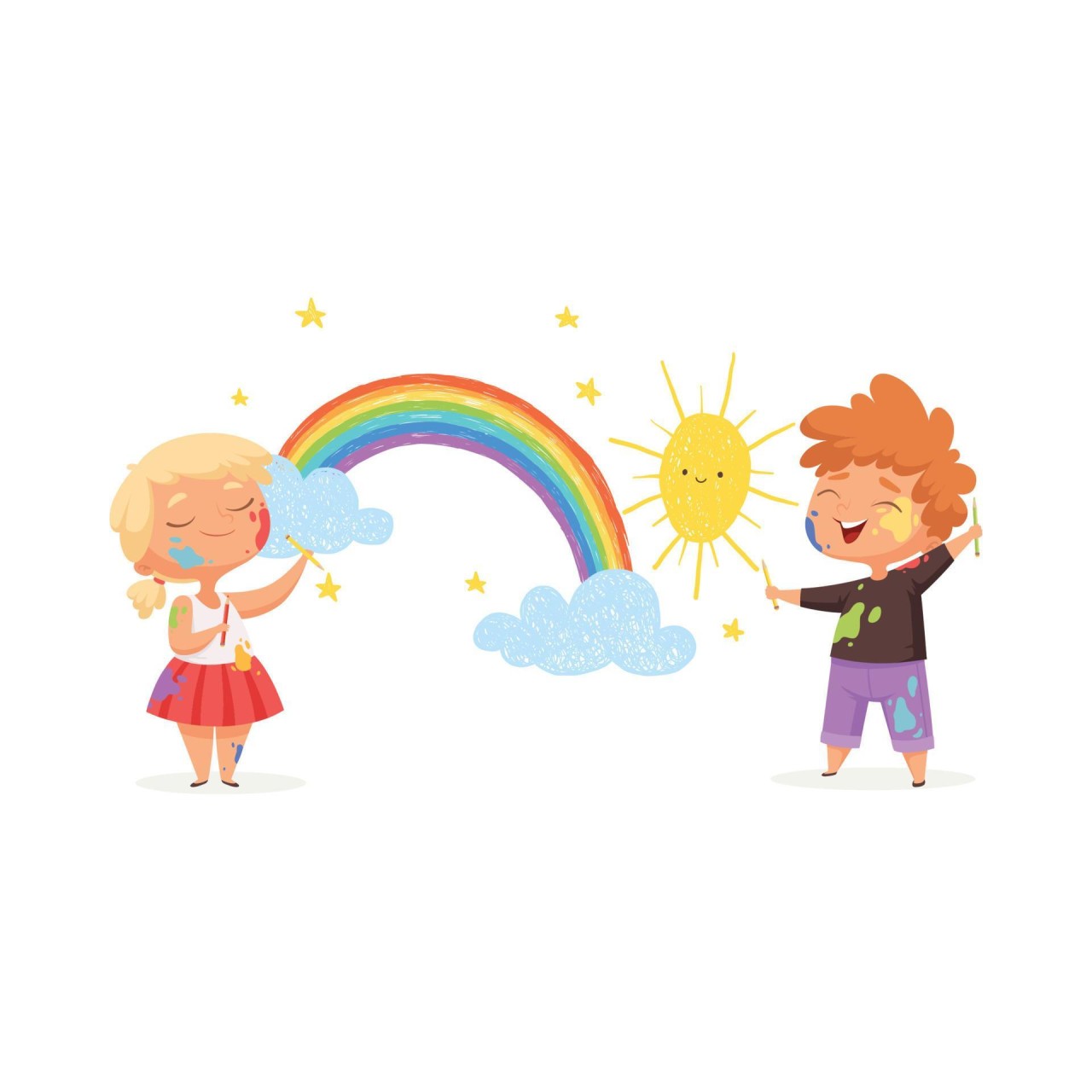 3722167-kinderen-tekenen-regenboog-gelukkige-kleine-kunstenaars-schilderen-zon-wolken-grappige-kinderen-gratis-vector
